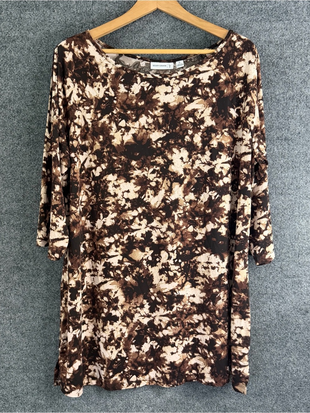 Susan Graver Womens Liquid Knit Top Size XL Brown Tan 3/4 Sleeve Office Casual